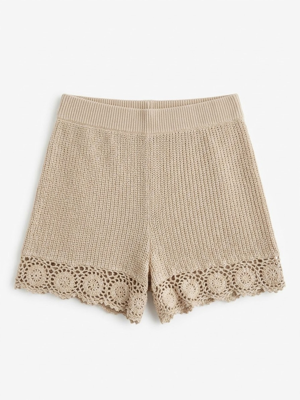 Abercrombie & Fitch Beige High-Waist Knit Shorts with Crochet Hem